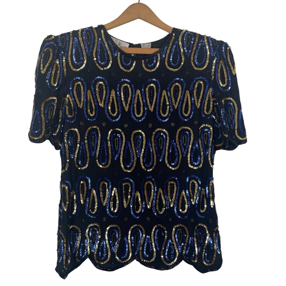 Vtg Lawrence Kazar Silk Sequin Top Small Beaded Cocktail Party Glam Maximalist